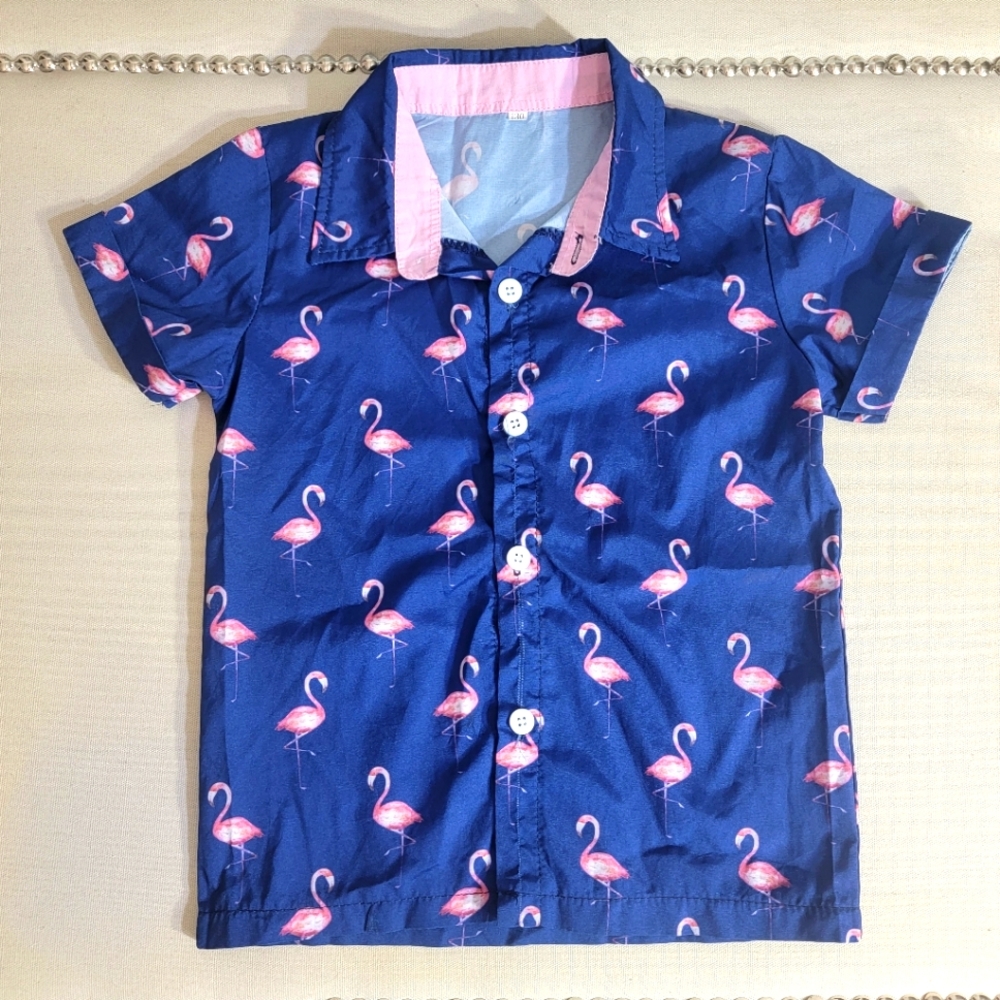 Blue & Pink Flamingo Button Down Shirt 130/5-6